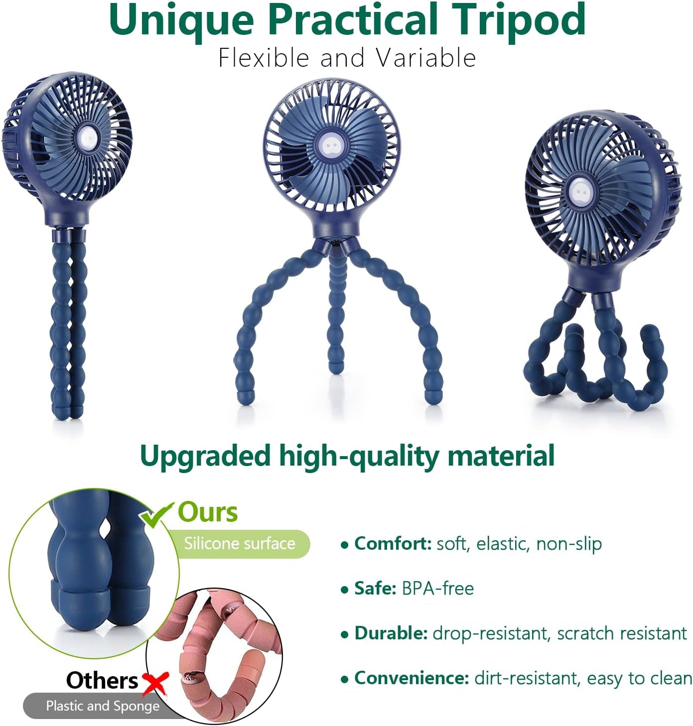 Mini Handheld Personal Portable Fan, Baby Stroller Fan, Car Seat USB or Battery Powered, with Flexible Tripod Clip on Student Bed Desk Bike Crib Treadmill Camping Traveling(Navy Blue)