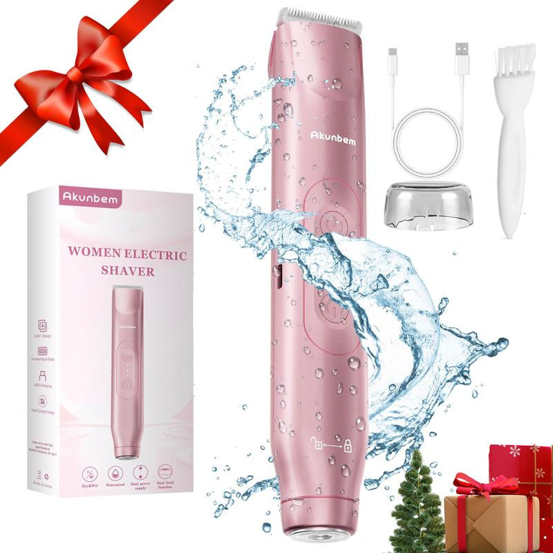 Akunbem Bikini Trimmer for Women, Electric Shaver and Razor Rechargeable 2-In-1 Body and Facial Epilator, Dual Heads for Painless Trimming of Pubic Hair, Face, Underarms and Legs, IPX7 Waterproof. Christmas Gift New Year Gift Shaving Grooming