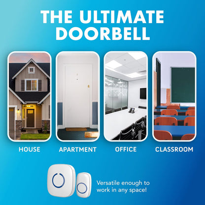 Wireless Doorbells for Home, Apartments, Businesses, Classrooms, Etc. - 2 Door Bell Ringer & 1 Plug-In Chime Receiver, Battery Operated, Easy-To-Use, Wireless Doorbell W/Led Flash, White