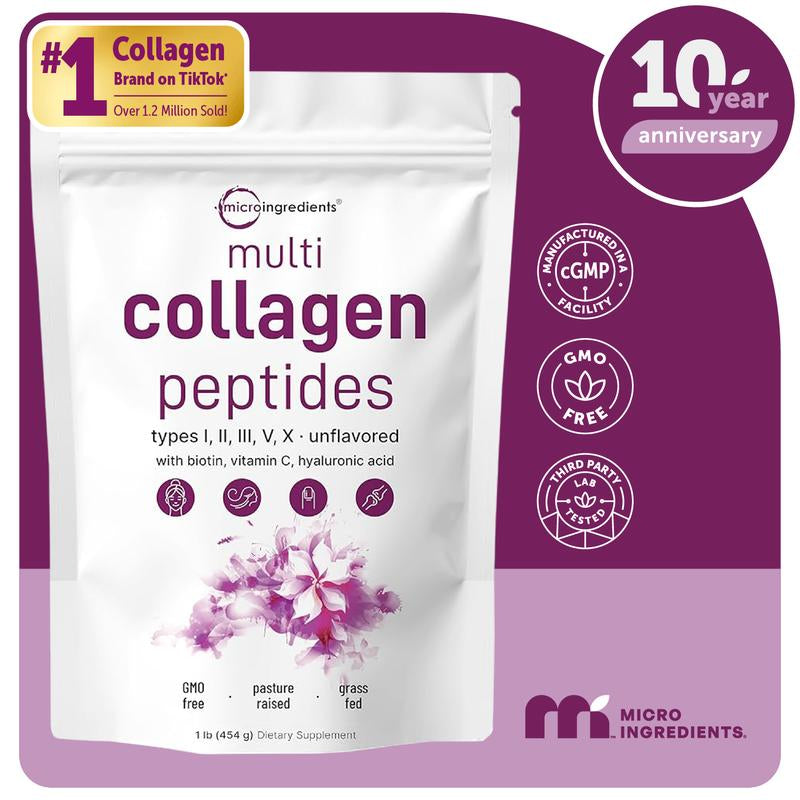 Micro Ingredients Multi Collagen Peptides Powder - Hydrolyzed Protein Peptides (Type I,II,III,V,X) with Hyaluronic Acid, Biotin & Vitamin C Unflavored
