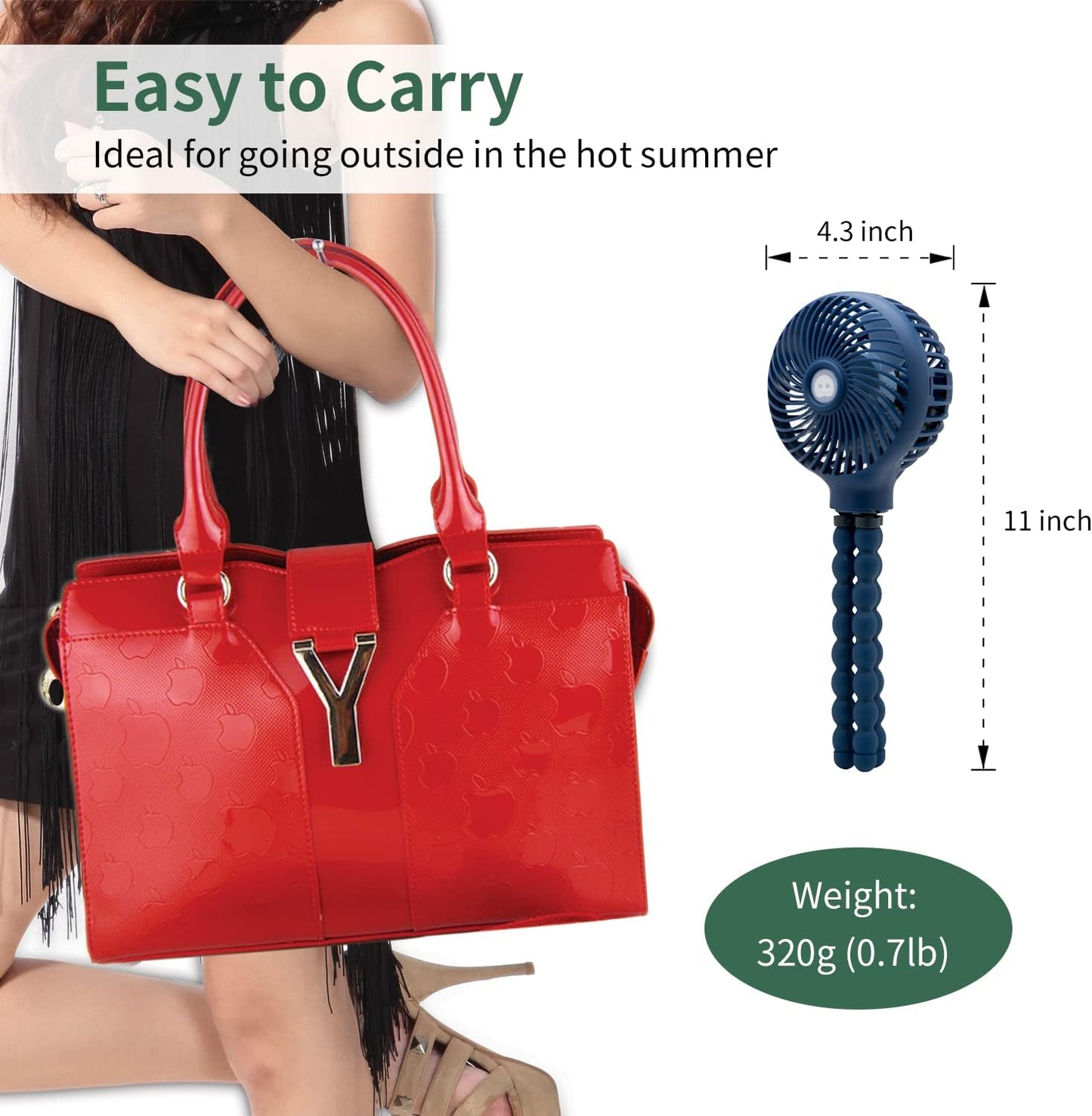 Mini Handheld Personal Portable Fan, Baby Stroller Fan, Car Seat USB or Battery Powered, with Flexible Tripod Clip on Student Bed Desk Bike Crib Treadmill Camping Traveling(Navy Blue)