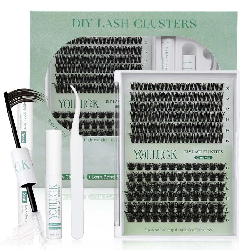 YOULUCK DIY Lash Clusters Kit - Soft Fluffy Long-Lasting Lashes with Glue Remover & Tweezer for Beginners Easy At-Home Application - Eyelash Set