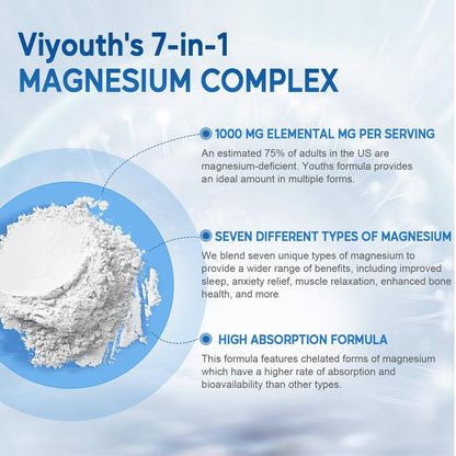 Viyouth 1000Mg Magnesium Complex - 10 Elemental Magnesium Complex & Zinc for Calming Sleep & Relax - US Made - Dietary Supplement for Hair Health Digestive Detox & Cortisol Balance-3Rd Party Tested Tablets Fitness, Magnesium Glycinate