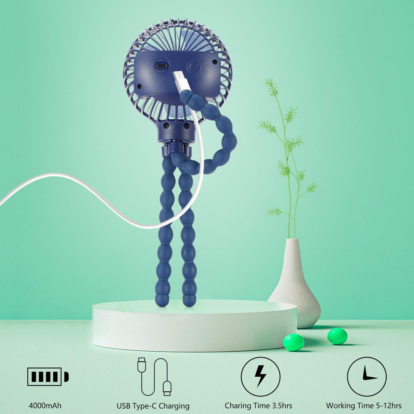 Mini Handheld Personal Portable Fan, Baby Stroller Fan, Car Seat USB or Battery Powered, with Flexible Tripod Clip on Student Bed Desk Bike Crib Treadmill Camping Traveling(Navy Blue)