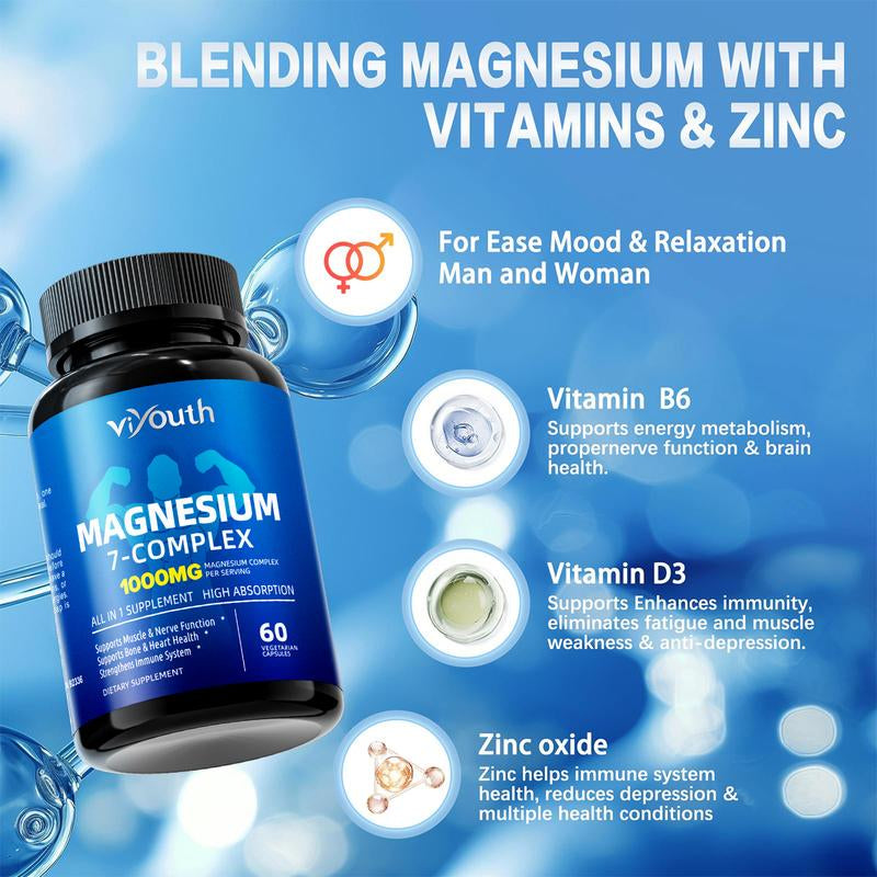 Viyouth 1000Mg Magnesium Complex - 10 Elemental Magnesium Complex & Zinc for Calming Sleep & Relax - US Made - Dietary Supplement for Hair Health Digestive Detox & Cortisol Balance-3Rd Party Tested Tablets Fitness, Magnesium Glycinate