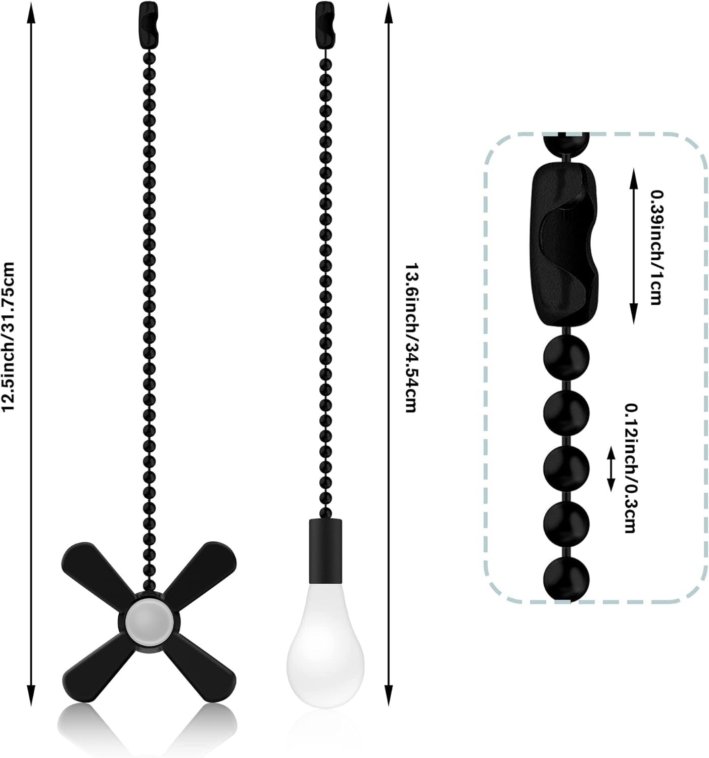 Ceiling Fan Pull Chains with Decorative, 2 Pieces of Black Ceiling Fan Chain Extenders 13.6 Inches Fit All Standard Ceiling Fans and Light Fixtures，Pull Chain Extension with Connector.