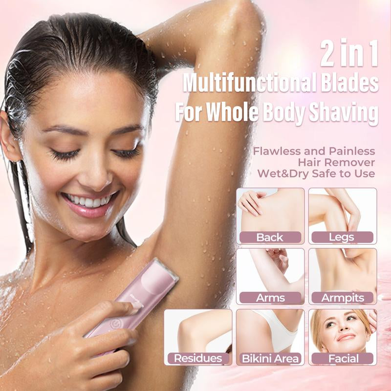 Akunbem Bikini Trimmer for Women, Electric Shaver and Razor Rechargeable 2-In-1 Body and Facial Epilator, Dual Heads for Painless Trimming of Pubic Hair, Face, Underarms and Legs, IPX7 Waterproof. Christmas Gift New Year Gift Shaving Grooming