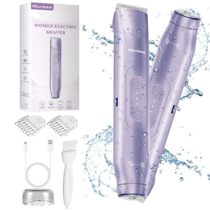 Akunbem Bikini Trimmer for Women, Electric Shaver and Razor Rechargeable 2-In-1 Body and Facial Epilator, Dual Heads for Painless Trimming of Pubic Hair, Face, Underarms and Legs, IPX7 Waterproof. Christmas Gift New Year Gift Shaving Grooming